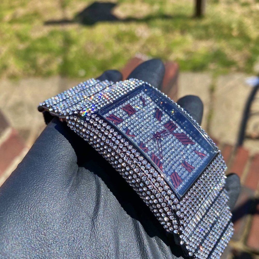 Full Iced Gold PT/ White Gold PT Hip Hop Rectangle Luxury Stylish Quartz Watch - Picture 12 of 16